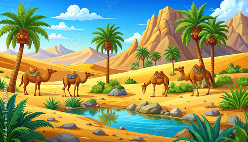 Desert scene with camels and water. Peaceful desert oasis with camels. Camels resting under desert palms. Oasis in the desert with camels. Desert wildlife with camels and palms