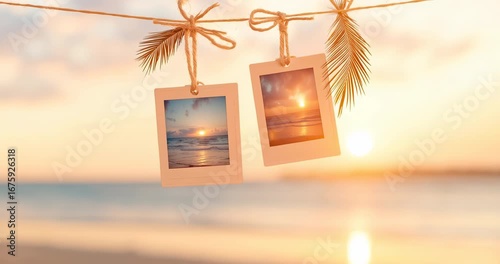 Hanging Instant Photo Prints of Palm Trees at Sunset over Calm Sea