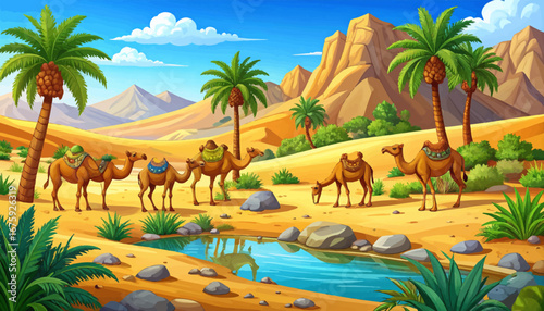 Sunny desert with camels near water. Camels walking across golden desert sands. Calm desert oasis with camels drinking water. Beautiful desert oasis with palm trees. Camels in serene desert landscape