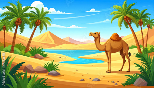 Oasis desert landscape with camel. Beautiful desert camel and lake view. Camel standing by a desert lagoon. Tropical desert oasis with camel. Desert camel under a bright sky