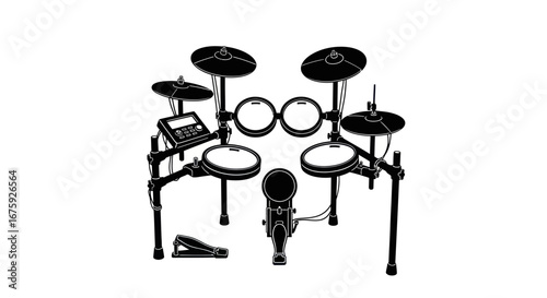 Modern Black Electronic Drum Kit with Digital Module and Pads.