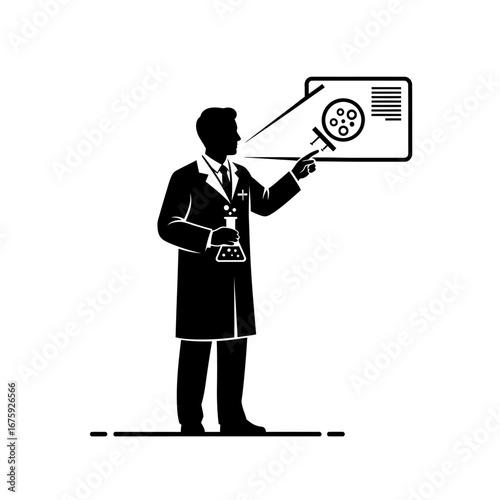 Dedicated scientist in lab coat presents groundbreaking research findings with flask and screen display featuring cells