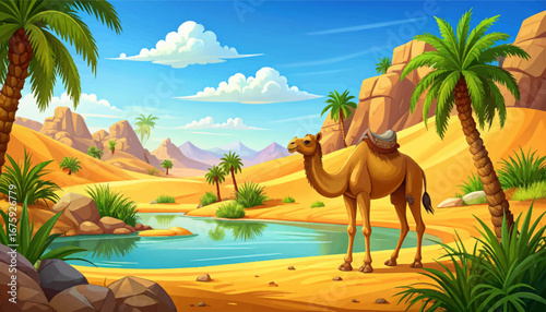 Camel and palms in a desert setting. Beautiful desert landscape with a camel. Camel drinking from a desert waterhole. Camel resting by a desert pond. Peaceful desert oasis with a camel