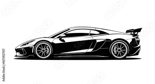 Striking black and white vector illustration of a sleek modern high-performance sports car in side profile with a prominent rear wing.