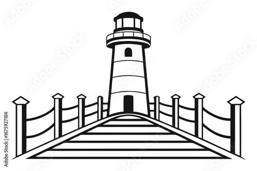 Black and White Illustration of a Lighthouse with a Boardwalk and Fence beacon maritime