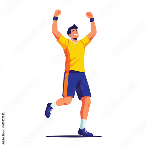 The Victor's Leap: Witness the exuberant celebration of a triumphant athlete, depicted in vibrant vector art. Arms raised high in a symbol of victory and sporting joy. 