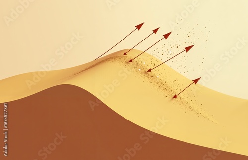 Illustration of aeolian (wind) processes: sand transport, saltation and dune migration with particle lift and wind-driven erosion shaping desert dunes.