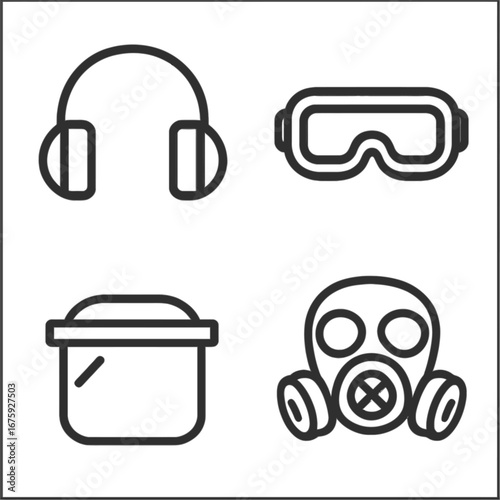 A collection of essential safety and protection equipment line icons, including headphones, goggles, a container, and a gas mask, representing workplace safety.