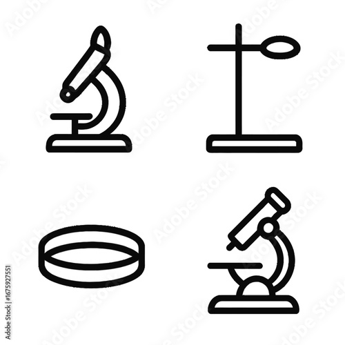 This modern collection of scientific laboratory equipment icons, featuring microscopes, a petri dish, and a retort stand, is ideal for educational graphics.