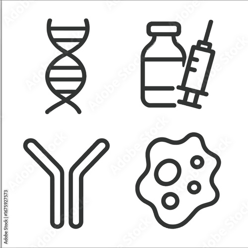 This collection of minimalist line icons represents fundamental concepts in modern biology and medical research, including genetics, immunology, and healthcare.