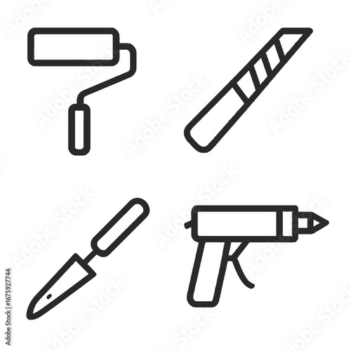 A collection of essential outline tools including a paint roller, utility knife, chisel, and hot glue gun, perfect for DIY, crafting, or repair projects.