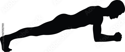Silhouette of a man doing a plank exercise, core strength workout, fitness training, bodyweight pose, abs, and endurance hold.