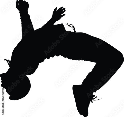 Silhouette of a man doing backflip in mid-air, perfect for extreme sports, acrobatics, parkour, and dynamic motion designs.