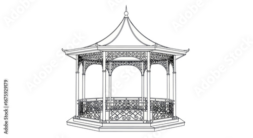 A detailed architectural sketch of a traditional Victorian-style octagonal gazebo.
