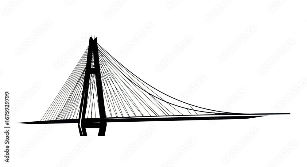 Fototapeta premium Stylized Black and White Cable-Stayed Bridge Vector Illustration.