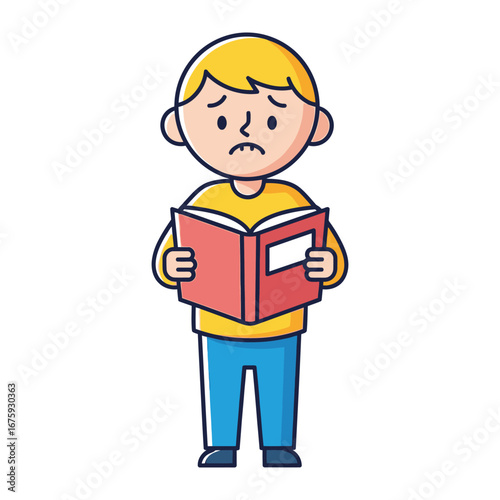 Boy Studying with Concern: A cartoon boy, engrossed in a book with a furrowed brow, suggesting a moment of contemplation and perhaps a touch of bewilderment