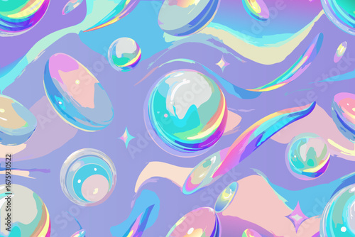 Vibrant abstract swirling patterns with iridescent spheres and fluid shapes create a mesmerizing, dreamlike aesthetic.