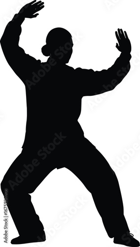 Silhouette of a person practicing Tai Chi martial arts pose, showcasing balance, focus, meditation, slow movement, health, wellness, and discipline.