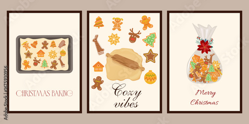 Set of Christmas banners with gingerbread cookies Vector illustrations Interior paintings on the theme of Christmas and New Year