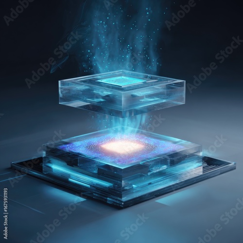 Glowing Quantum CPU Core Radiating Blue Digital Energy Between Floating Crystal Layers.