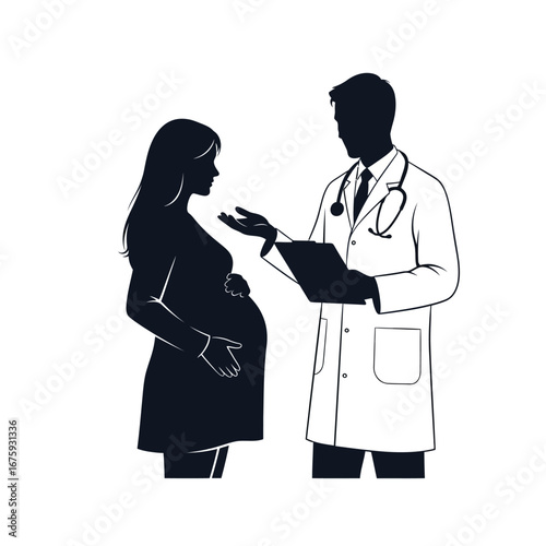 Caring doctor consults with pregnant woman, discussing health with attentive posture and medical expertise