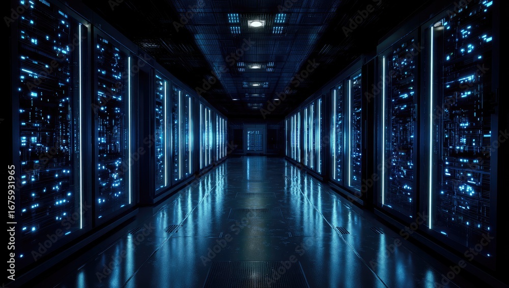 Fototapeta premium Dark, futuristic server room, lit by blue lights