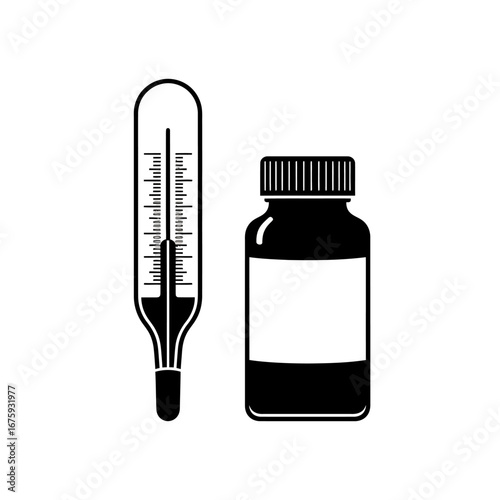 Essential medical supplies a glass thermometer and a prescription bottle symbolizing health and treatment for common ailments