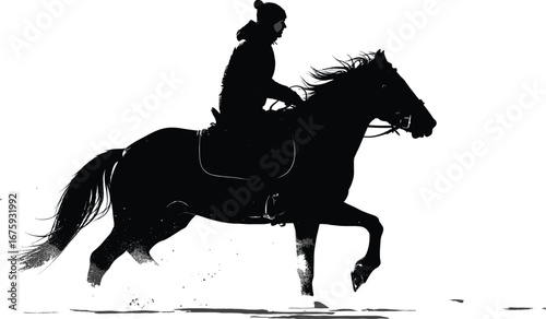 Silhouette of a person riding a galloping horse, showcasing equestrian sports, speed, outdoor adventure, horse riding, and dynamic movement.