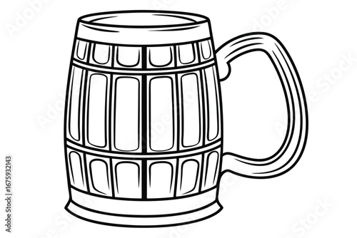 Detailed Black and White Outline of a Wooden Beer Mug stein tankard
