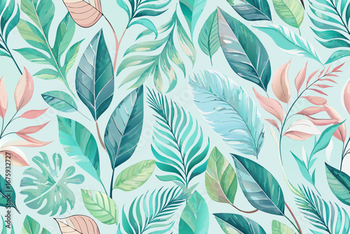 Serene tropical foliage pattern with lush green and soft pink leaves on a cool mint background.