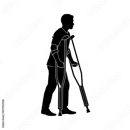 Determined man with crutches walking forward, symbolizing recovery, resilience, and overcoming challenges