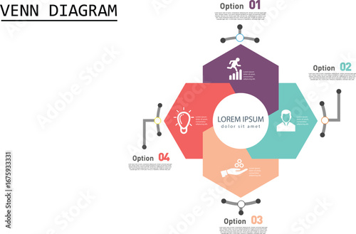 Venn diagram infographic chart template for business , 4 parts, options, presentation with venn diagram elements vector illustration