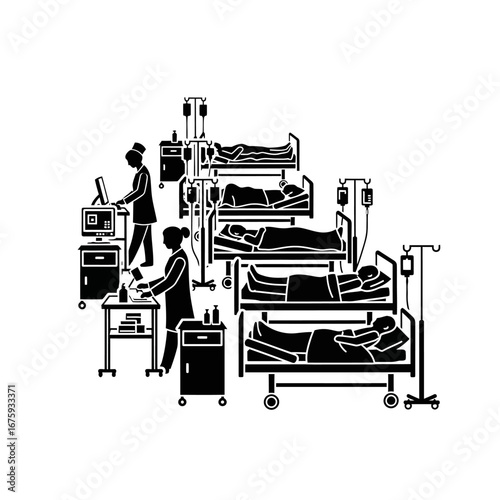 Dedicated healthcare professionals diligently caring for patients in hospital beds, symbolizing medical expertise and compassion.