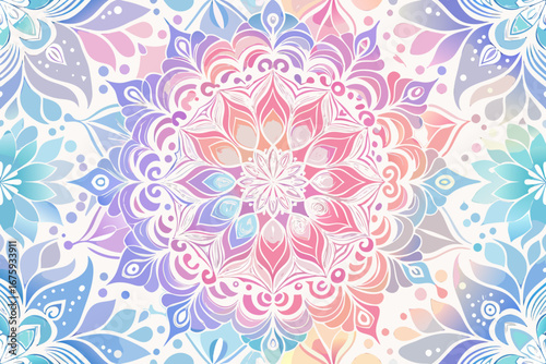 Vibrant pastel mandala pattern evoking peace, spirituality, and harmonious design for wellness and yoga.