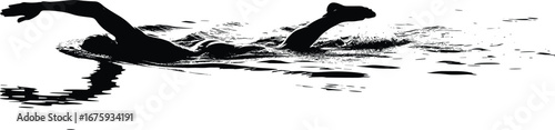 Silhouette of a swimmer performing freestyle stroke in water with splash, showing athleticism, motion, fitness, swimming sport, and exercise.