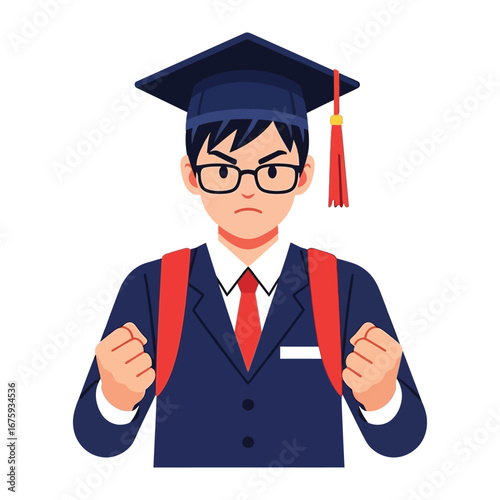 Frustrated Graduate: A determined graduate in academic attire exudes an intense, angry emotion, epitomizing the trials of completing studies and academic pressure.