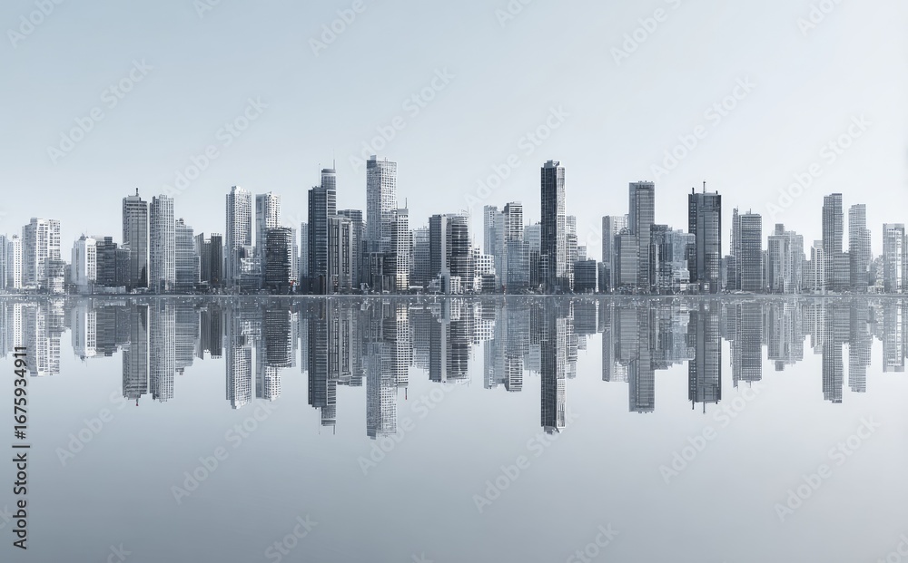 Fototapeta premium City skyline reflected in calm water