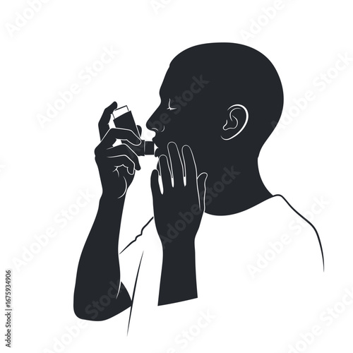 Person using an inhaler for respiratory relief, capturing moments of health management and personal care with clean, modern style