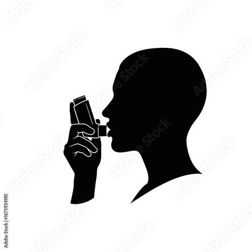 Silhouette person using asthma inhaler for quick relief, symbolizing respiratory health and medical treatment