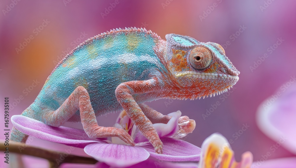 Fototapeta premium Vibrant chameleon perched on orchid