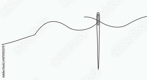 A close-up illustration of a sewing needle with thread passing through its eye against a stark white background showcasing the simple elegance of a fundamental crafting tool