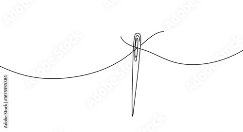 Close up of a sewing needle with thread passing through the eye illustrating the basic act of threading a needle for hand sewing or machine use in a simple artistic representation