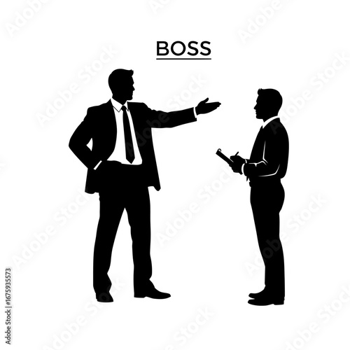 Confident businessman directing team member, conveying leadership and clear communication for business success and corporate strategy.