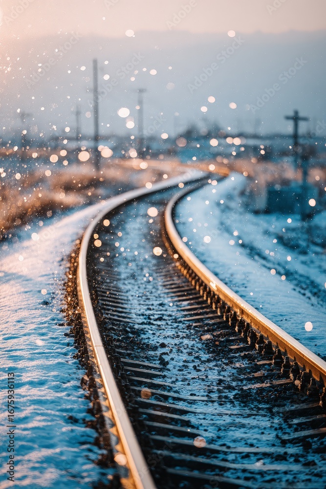 Fototapeta premium Snowy Train Tracks At Twilight