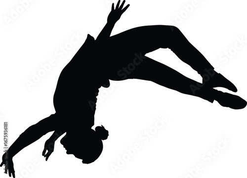 Silhouette of a woman mid-air in dynamic backflip pose, ideal for action sports, parkour, acrobatics, and motion designs.