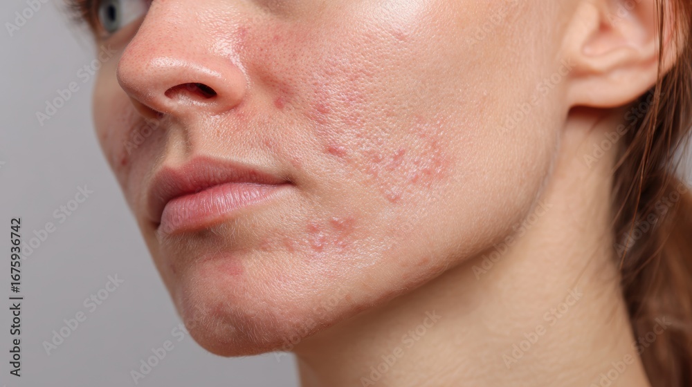 Obraz premium acne on woman face with rash skin, scar, and red skin syndrome allergic to cosmetics, use steroids, dermatology, inflammation, infection, hygiene