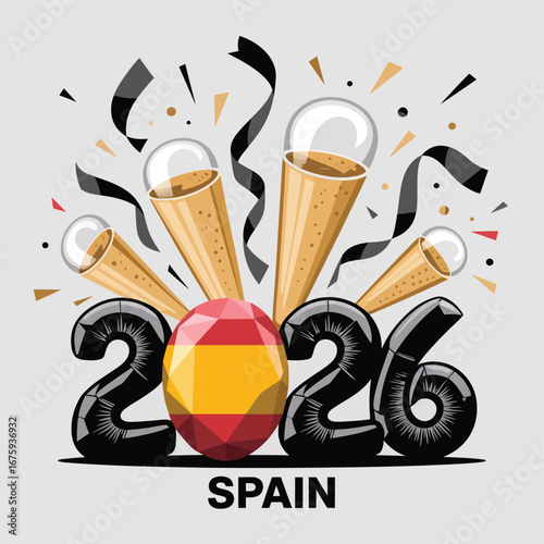 Celebrate Spain's 2026 triumphs with vibrant confetti bursting from golden party horns and a sparkling gem featuring the national flag, a dynamic symbol of national pride and upcoming success