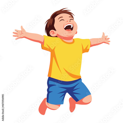 Joyful Child: A happy little boy jumps with arms outstretched, filled with infectious laughter and pure, unadulterated joy. He embodies freedom and the boundless energy of childhood.