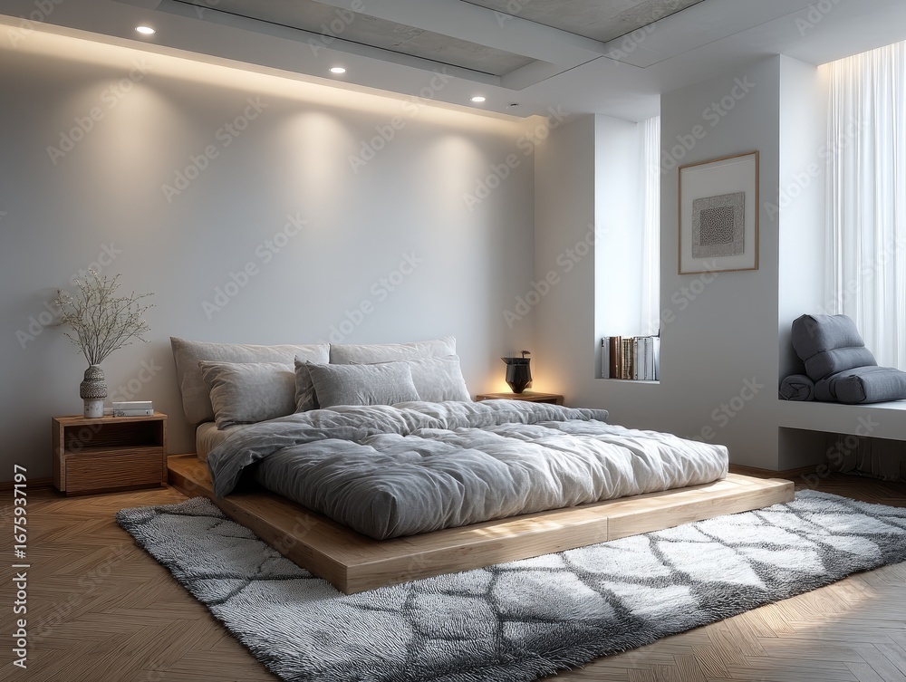 Fototapeta premium and keyword list based on the image you providedBedroom Bed on platform with plush rug, light walls, window seat in bright space.