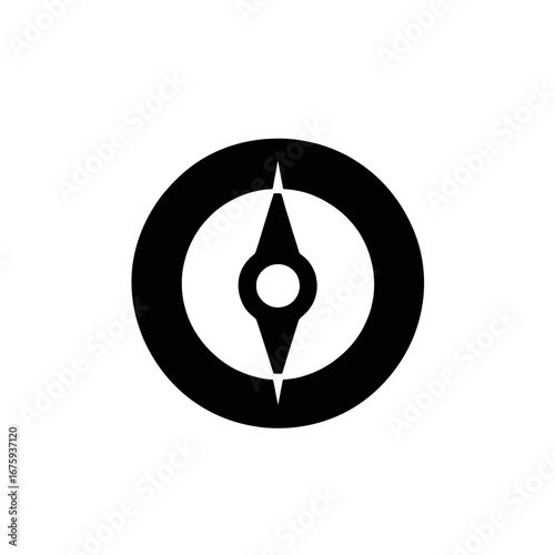 Directional navigational black circle compass points toward adventure with exploration silhouette